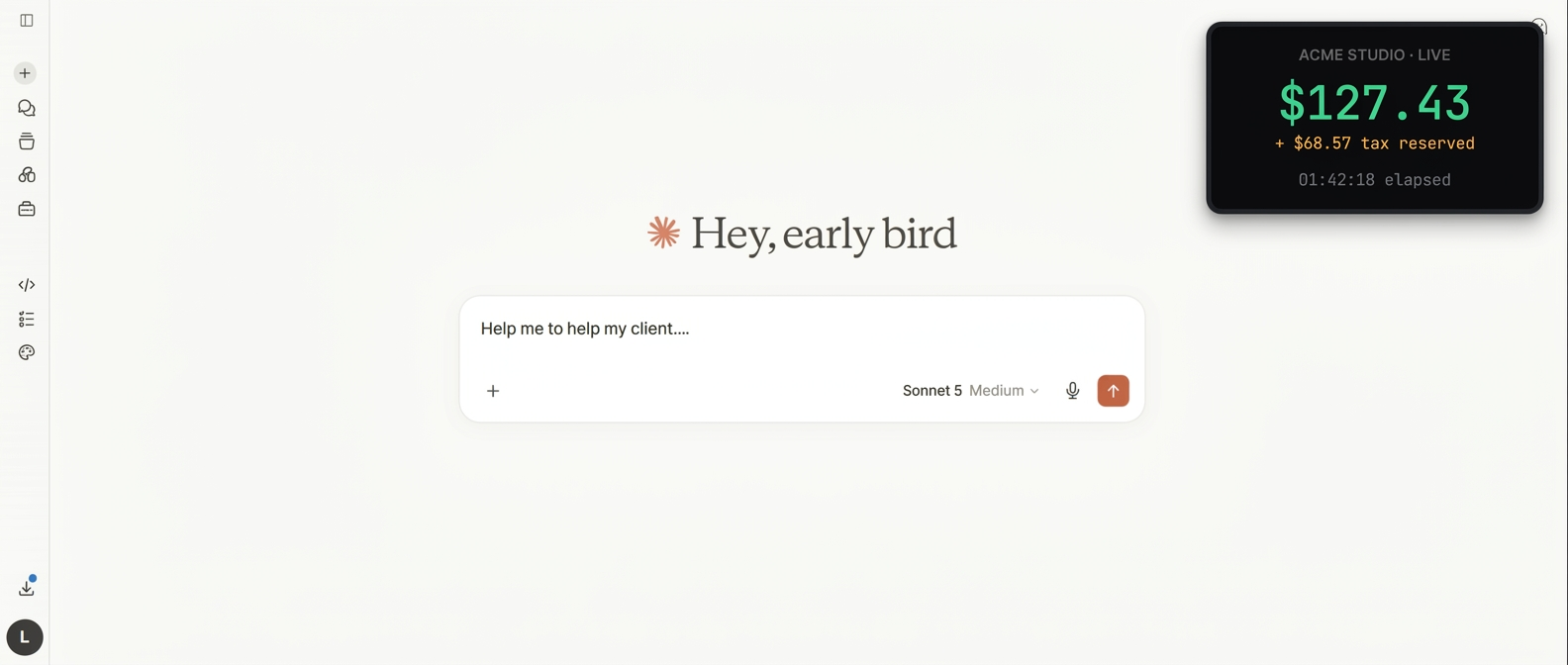 Papermeter's floating widget pinned on top of a Claude chat, showing $127.43 earned live while the freelancer works with an AI assistant.