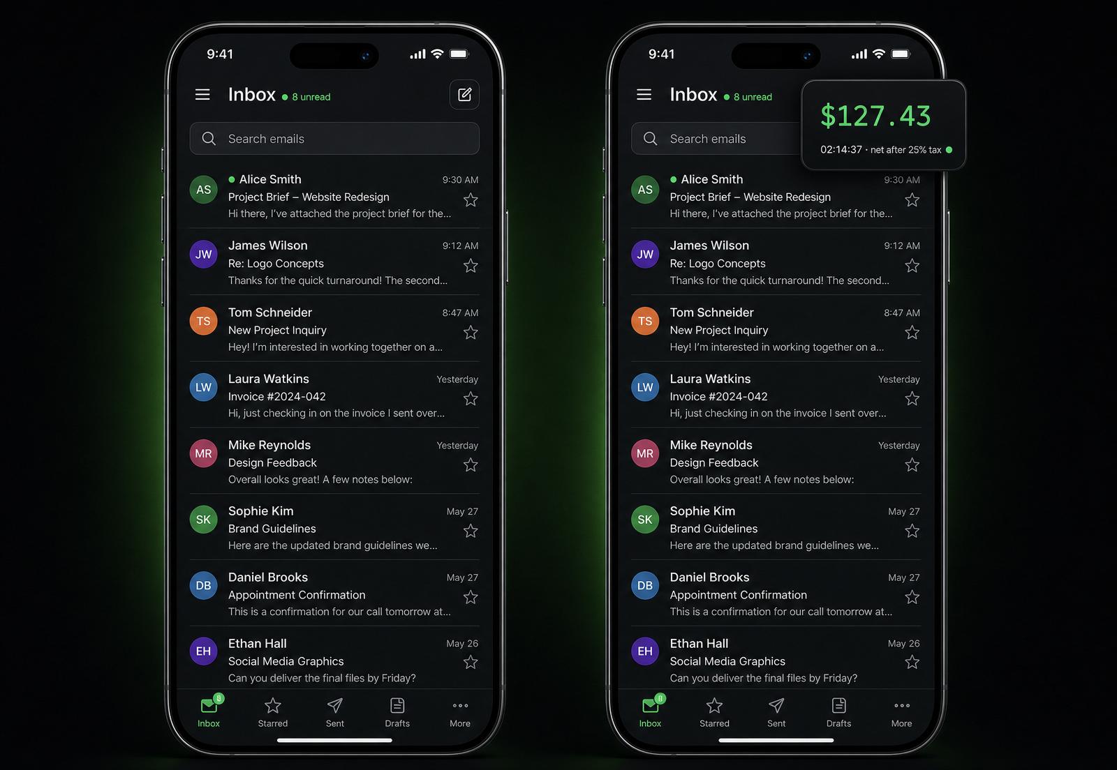 Two phones side by side: the left shows an inbox app on its own; the right shows the same inbox with Papermeter's floating widget in the top-right corner displaying $127.43 earned.